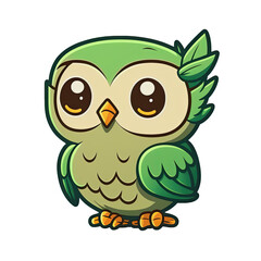 Cute cartoon owl character with transparent background, Green feathers, standing