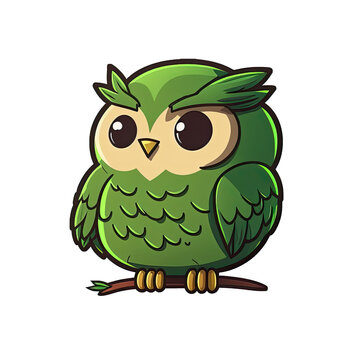 Cute cartoon owl character with transparent background, Green feathers, sitting on a branch