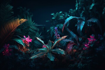 Fototapeta na wymiar Vibrant tropical foliage bordered by neon on a dark backdrop. Generative AI