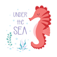 cute card with cartoon seahorse and seaweed