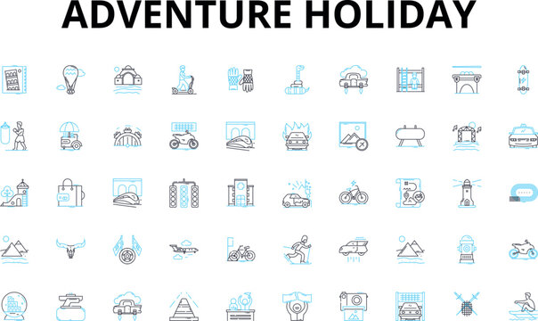 Adventure holiday linear icons set. Thrill, Explore, Adrenaline, Risk, Expedition, Safari, Trek vector symbols and line concept signs. Journey,Travel,Challenge illustration