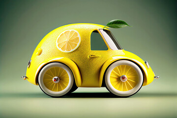 Funny little yellow lemon car (Generative AI) - obrazy, fototapety, plakaty