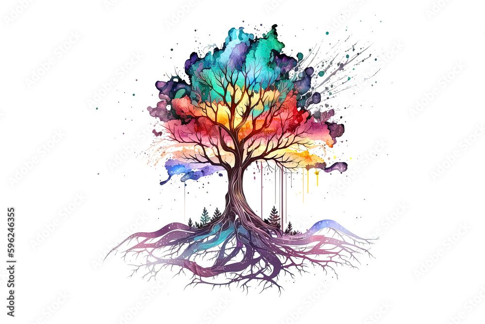 Poster a tree with roots is drawn with watercolors isolated on a white background. generated by ai