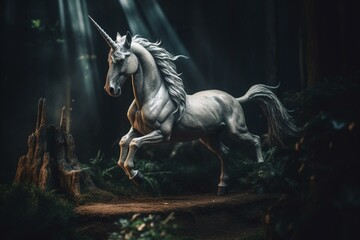 A mythical creature known as a unicorn standing on its hind legs and appearing magical. Generative AI