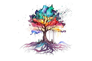 a tree with roots is drawn with watercolors isolated on a white background. Generated by AI
