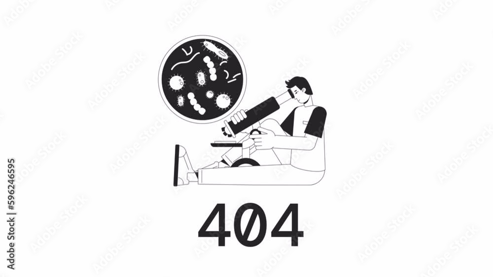 Poster clinical studies bw 404 animation. scientist with microscope. empty state 4k video concept footage w