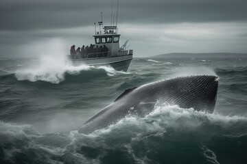 Offshore whaling is hunting whales in the open ocean, away from the coast. AI-generated - obrazy, fototapety, plakaty