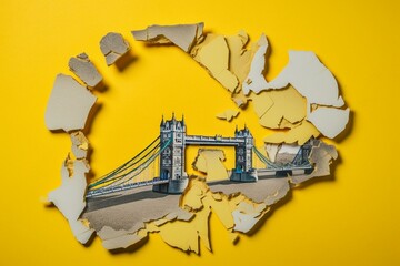 Broken London Bridge plate on yellow background. Generative AI