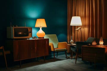 Retro 70s furniture in dim lighting. Generative AI