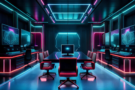 A futuristic room with neon lights and gaming workplace setup