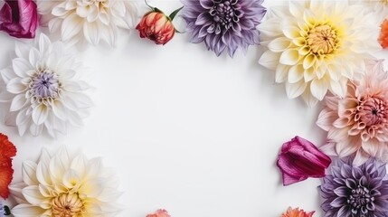 Fototapeta premium Mockup of picture frame decorated with spring flowers clean space for text on white background