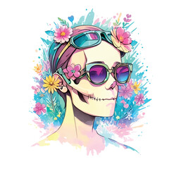 Fototapeta na wymiar Trendy Skull with Blossom Splash