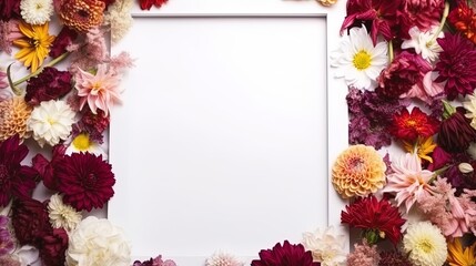 Mockup of picture frame decorated with spring flowers clean space for text on white background