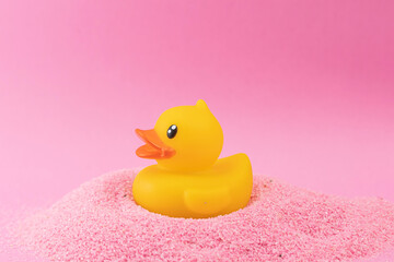 A toy duck on pink sand
