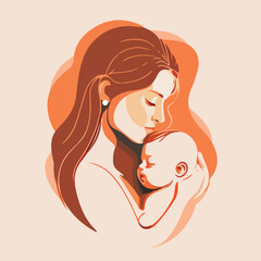Tender illustration with a woman with a baby in her arms. Card for Mother's Day. Postpartum happy period. The concept of motherhood and health. Monochrome orange color