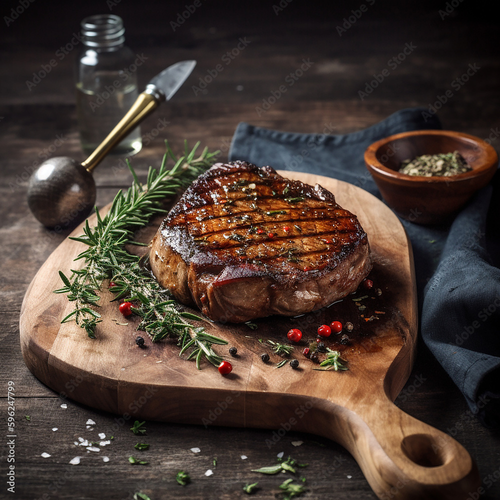 Wall mural juicy grilled steak with herbs and spices on rustic cutting board. Barbecue