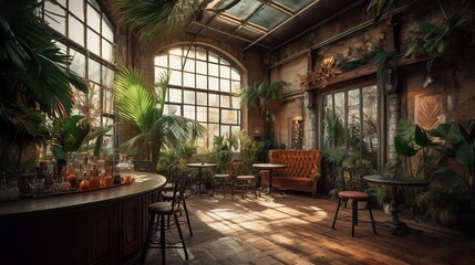 Naklejka premium ustic and bohemian style ruin coffee house interior, AI generated 