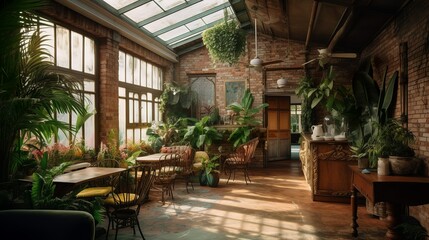 Fototapeta na wymiar Bohemian style tropical palm house cafe interior, AI generated 