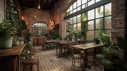 Fototapeta na wymiar Rustic and bohemian ruin bar coffee house interior with brick walls and plants, AI generated 