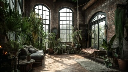 Fototapeta na wymiar Bohemian tropical palm house interior with sofas and plants, AI generated 