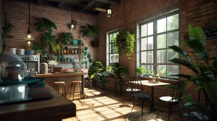 Fototapeta na wymiar Cozy rustic and bohem cafe interior with brick wall and plants, AI generated 