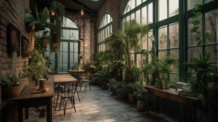 Naklejka premium Bohemian and rustic style coffee house interior, greenhouse vibe with panoramic glass windows, AI-generated 