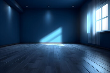 Blue empty wall and wooden floor with interesting light glare. Interior background for the presentation. 
Generative AI.