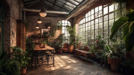 Fototapeta premium Bohemian and rustic style coffee house interior, greenhouse vibe with panoramic glass windows, AI-generated 