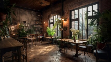 Fototapeta na wymiar Bohemian and rustic style coffee house interior, greenhouse vibe with panoramic glass windows, AI-generated 