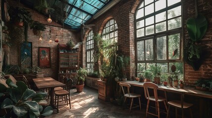 Fototapeta na wymiar Cozy rustic and bohemian style coffee house interior with brick wall, and greenhouse style, AI generated