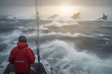The whales hunting industry was centered in places like New England, Norway, and Japan, where whaling was a major source of income and employment. AI-generated - obrazy, fototapety, plakaty