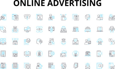 Online advertising linear icons set. PPC, Impressions, Clicks, CTR, Analytics, Banners, Retargeting vector symbols and line concept signs. Conversion,Keywords,SEO illustration