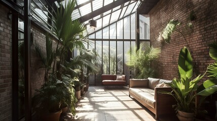 Spacious rustic and bohemian greenhouse vibe living room with couch , AI generated 