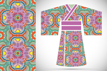 Fashion art collection, colorful illustration. Stylized Japanese kimono ethnic clothes and decorative seamless pattern for textile fabric, paper print, invitation or business card design