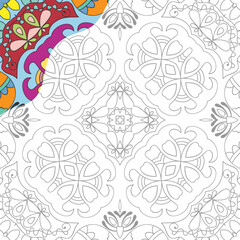 Decorative doodle pattern for coloring book. Hand drawn fantasy line art, floral geometric ornament for painting, coloring page. Tribal ethnic decoration. Black and white with sample of colors