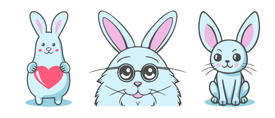 Vector set of funny cute beautiful blue rabbits or little bunnies. Sticker with a heart for loved ones. Icons or badges. White isolated background.