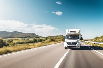 Modern white camper driving on European highway under blue sky. RV travel adventure. Generative AI