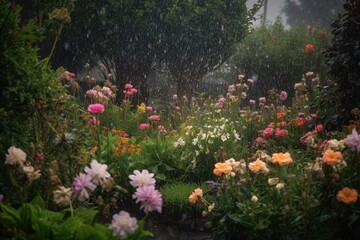 heavy rain in a blooming garden