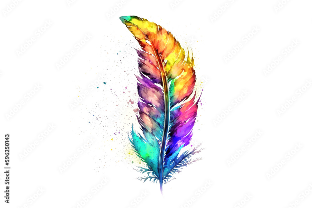 Poster bird feather drawn with multicolored watercolors isolated on white background. generated by ai