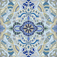 Hand drawn seamless graphic pattern, colorful artistic background with floral and geometric elements. Doodle ethnic mandala ornament for textile fabric, paper print. Surface texture 