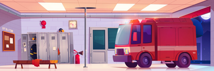 Fire station interior. Empty firehouse building with garage for red emergency rescue truck, lockers with clothing and helmets and steel pole, vector cartoon illustration - obrazy, fototapety, plakaty