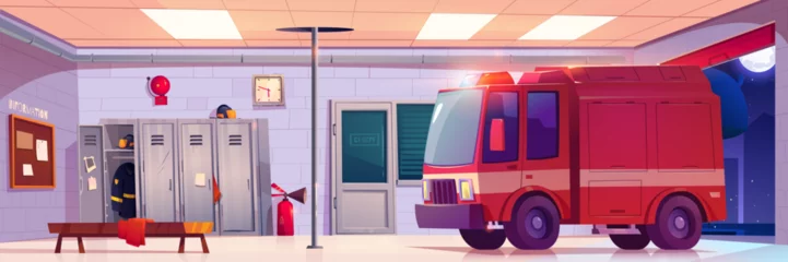 Gordijnen Fire station interior. Empty firehouse building with garage for red emergency rescue truck, lockers with clothing and helmets and steel pole, vector cartoon illustration © klyaksun