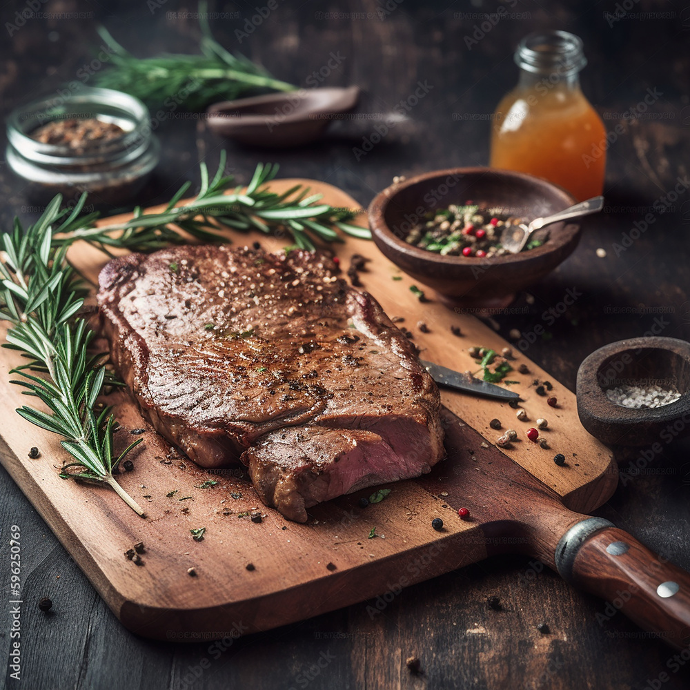 Wall mural juicy grilled steak with herbs and spices on rustic cutting board. Barbecue