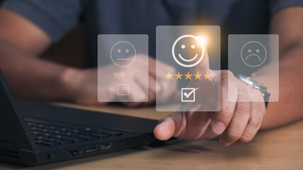 The concept of rating service experience on online applications. customer satisfaction survey concept Clients can evaluate the quality of services that contribute to the reputation of the business.