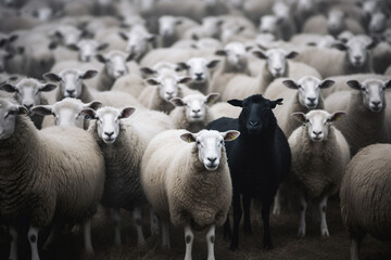 Black sheep among white ones. Dare to be different, standing out from crowd concept. Generative ai.