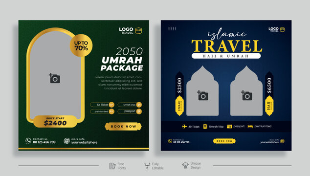 Luxury of islamic tour and travel social media template design. hajj and umrah promotion design