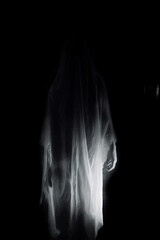Vintage  blurred image of creepy ghost woman in dark haunted house. Generative ai