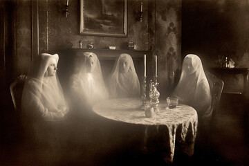 Old photo of a seance. Generativ ai. - obrazy, fototapety, plakaty