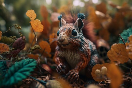 A colorful painting of a surprised squirrel on leaves looking towards the camera. Generative AI
