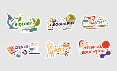 Sticker design set with school subjects concept